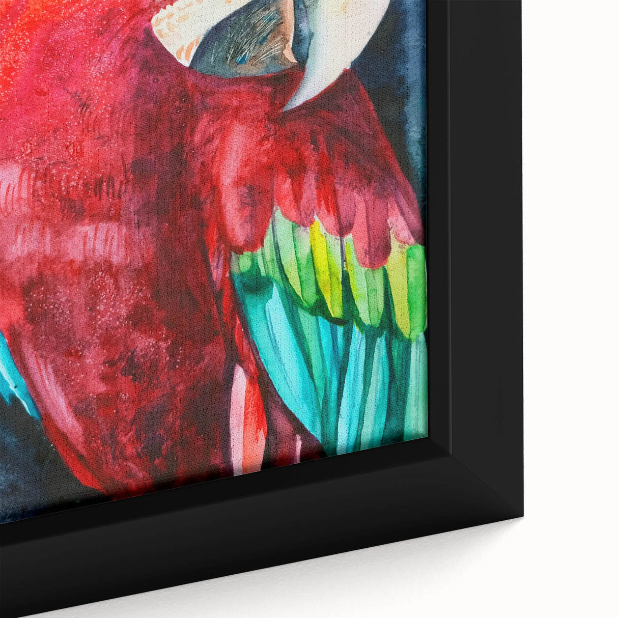 Close-up of a vibrant wall art piece featuring colorful parrots on a textured canvas, framed elegantly, perfect for enhancing home decor with a tropical theme.