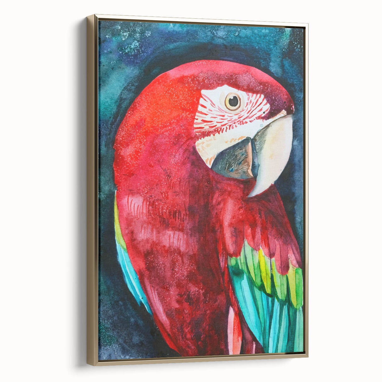 Framed canvas wall art showcasing a vibrant parrot design in gold and green hues, ideal for adding a tropical touch to modern home decor.