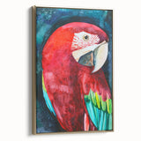 Framed canvas wall art showcasing a vibrant parrot design in gold and green hues, ideal for adding a tropical touch to modern home decor.