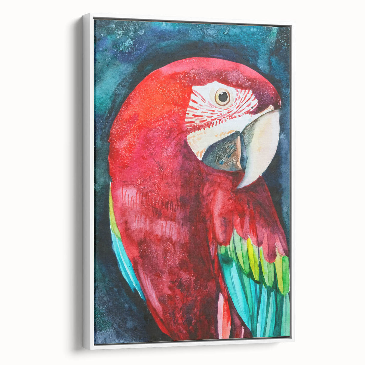 Framed canvas wall art showcasing colorful parrots on a white background, providing a vibrant and modern touch to any interior decor. Perfect for bird lovers and nature enthusiasts.