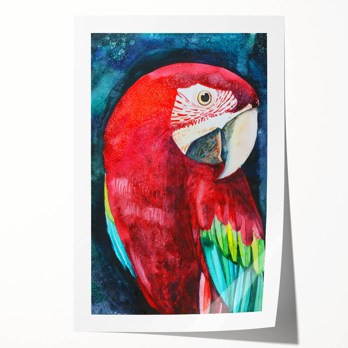 Colorful rolled print featuring a vibrant design of various parrots perched on branches, ideal for bird lovers and home decor enthusiasts. The artwork showcases intricate details and bright hues, perfect for adding a tropical touch to any space.