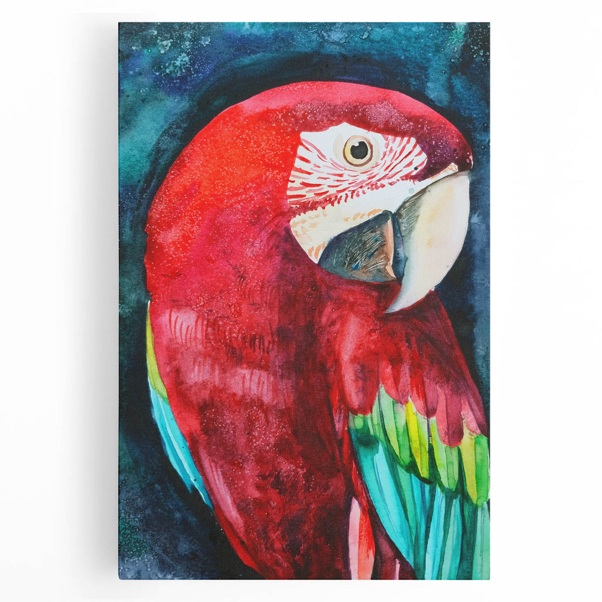 Vibrant stretched canvas wall art featuring a colorful design of tropical birds and parrots, perfect for adding a lively touch to home decor.