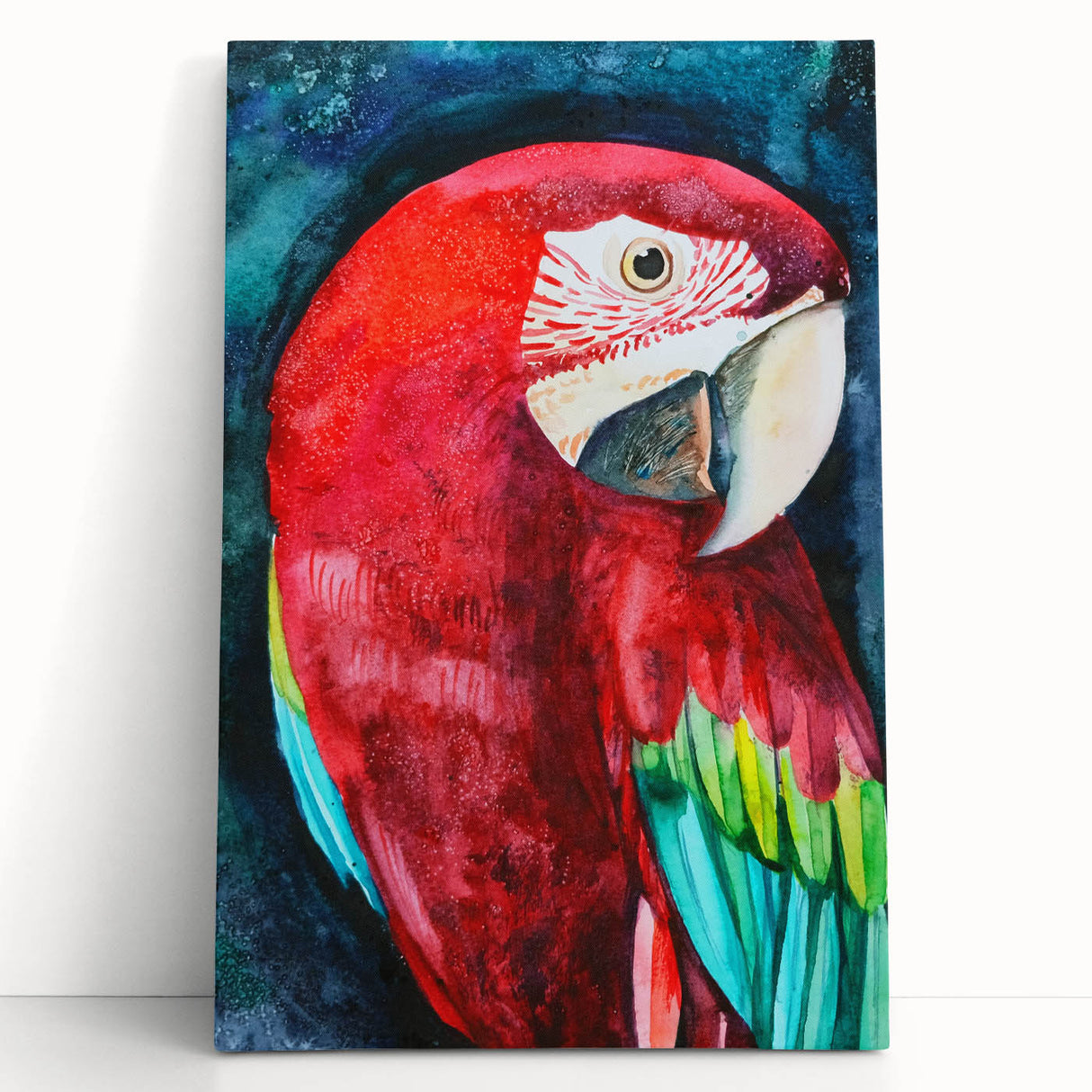 Vibrant wall art canvas depicting colorful parrots in a tropical setting, framed and ready to add a lively touch to home decor. Perfect for bird enthusiasts.