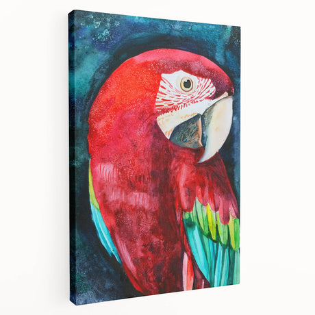Vibrant wall art featuring a colorful collection of tropical parrots on a stretched canvas, showcasing intricate details and a lively design perfect for home decor.