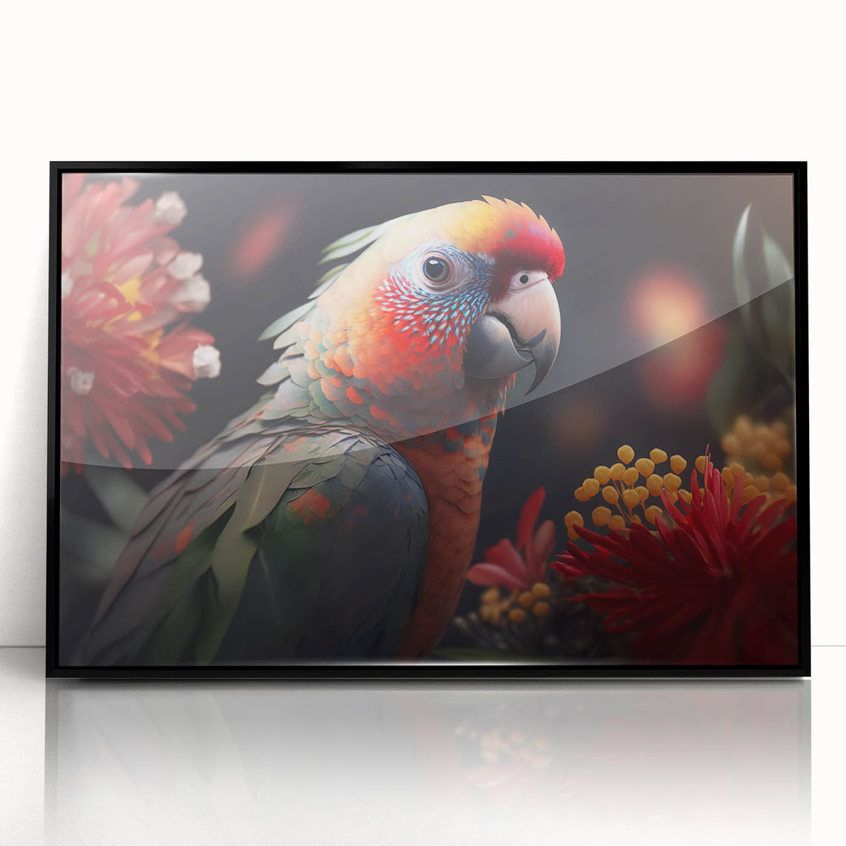 Framed wall art collection showcasing vibrant parrot designs on black acrylic, perfect for adding a tropical touch to home decor. Ideal for bird lovers and art enthusiasts.