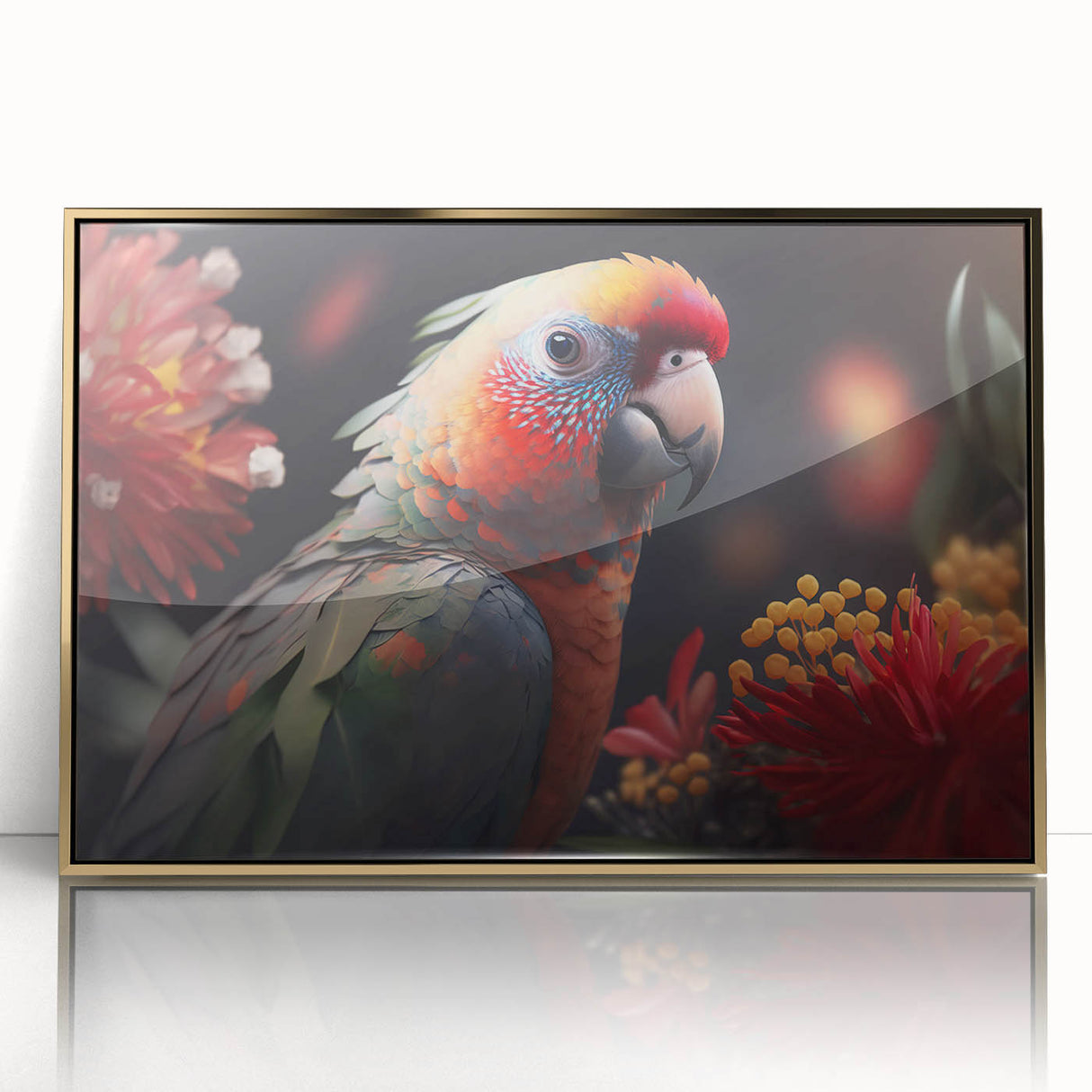 Framed wall art featuring a vibrant collection of colorful parrots on a gold-accented background, ideal for enhancing any interior space with a tropical theme. The design showcases intricate details of each bird, capturing their lively colors and unique features, making it a perfect decorative piece for bird lovers.