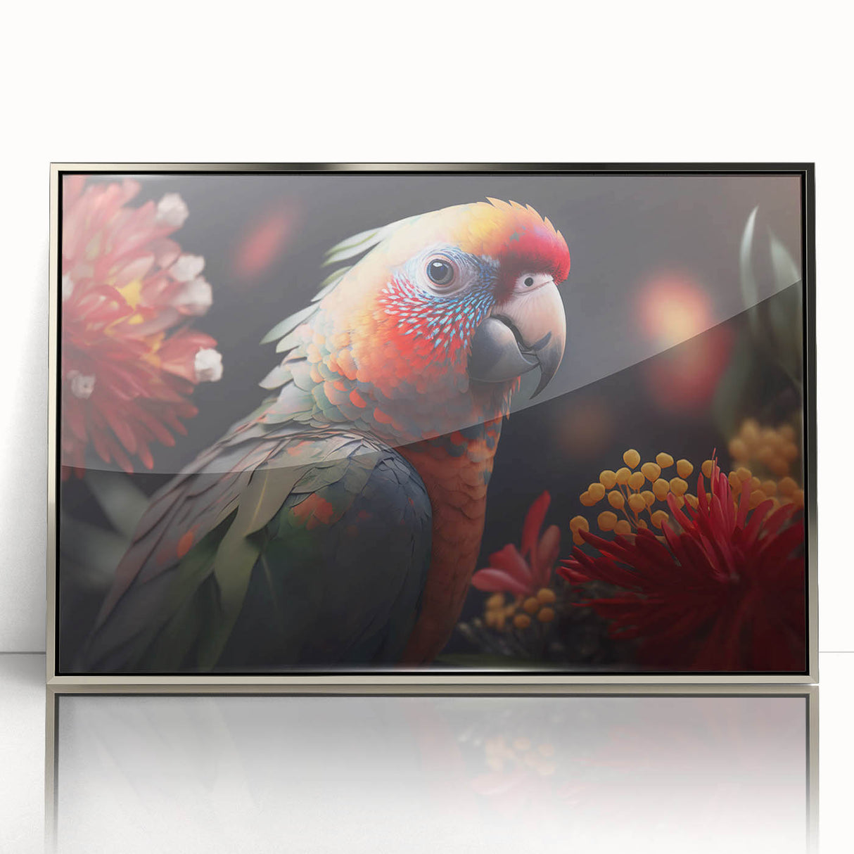 Framed wall art featuring a vibrant design of colorful parrots perched on branches, set in a sleek silver frame. Ideal for adding a tropical touch to home decor.