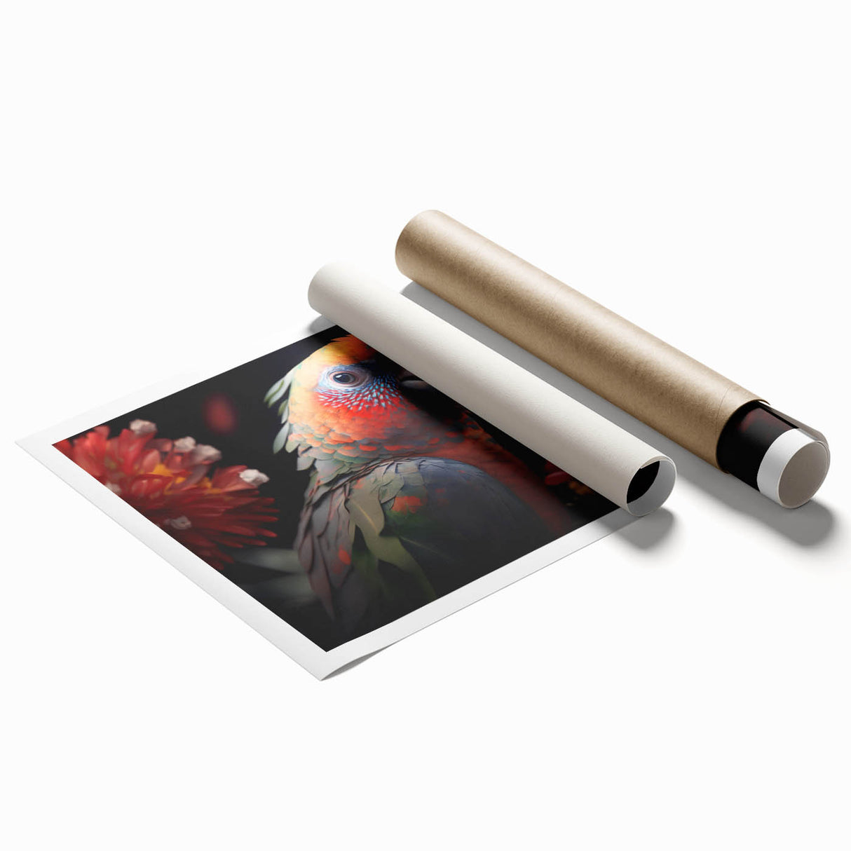 Colorful rolled print of a parrot wall art design, showcasing vibrant feathers and intricate details, ideal for home decor and nature enthusiasts, packaged securely for delivery.