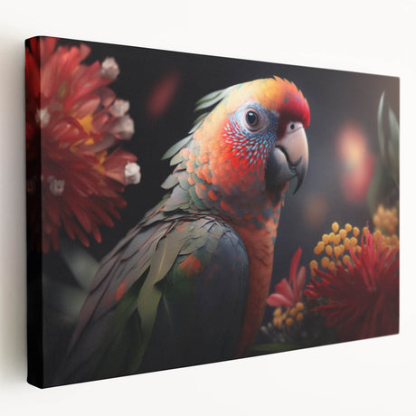 Colorful stretched canvas wall art featuring a vibrant parrot design, showcasing detailed feathers and a tropical theme, perfect for home decor.