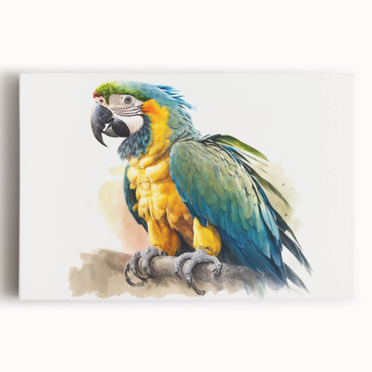 Vibrant stretched canvas wall art featuring a colorful parrot design, perfect for adding a tropical touch to home decor. Ideal for bird lovers and nature enthusiasts.