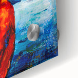 Close-up of vibrant wall art featuring a collection of colorful parrots and birds, designed on acrylic glass, showcasing intricate details and vivid hues ideal for home decor.