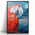 Framed wall art featuring a vibrant collection of parrot designs, set against a black background, showcasing intricate details and vivid colors in a stylish display.
