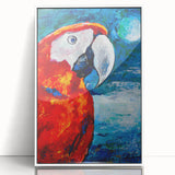 Framed wall art collection showcasing vibrant parrots in a tropical setting, with a sleek white frame, perfect for adding color and personality to any room.