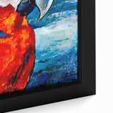 Vibrant close-up of a framed canvas wall art featuring colorful parrots perched among lush green foliage, perfect for tropical-themed decor or bird lovers.