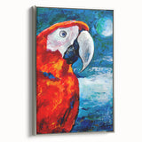Framed canvas wall art collection showcasing vibrant parrots in a silver frame, ideal for home decor. The artwork features rich colors and intricate details, perfect for bird lovers.