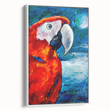 Framed canvas wall art featuring a vibrant parrot design in a modern setting, showcasing colorful birds on a white background, perfect for home decor.