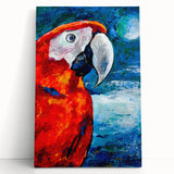 Colorful wall art featuring a vibrant design of parrots and tropical foliage on stretched canvas, ideal for enhancing home decor with a lively, exotic touch.