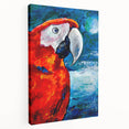 Colorful parrot wall art design on stretched canvas, showcasing vibrant tropical hues and intricate details, perfect for home decor or wildlife enthusiasts.