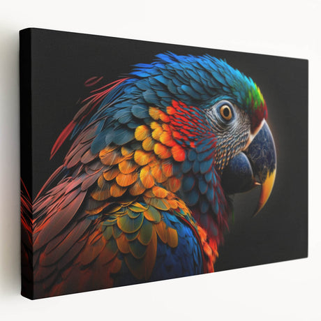 Colorful collection of five stretched canvas wall art pieces featuring various parrot designs, showcasing vibrant hues and intricate details, ideal for bird lovers' decor.