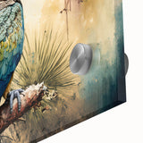 Vibrant close-up of a collection of parrot wall art designs printed on acrylic glass, showcasing intricate details and vivid colors, ideal for tropical-themed decor.