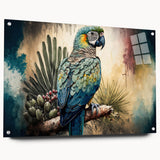 Vibrant acrylic wall art featuring a colorful parrot design, displayed in a side view with pins for easy mounting. Perfect for bird lovers and home decor enthusiasts.