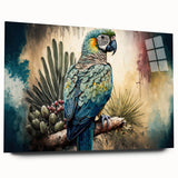 Vibrant wall art featuring a colorful parrot design on acrylic glass, showcasing a side view with vivid details and a polished finish, perfect for home decor.