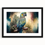 Framed wall art featuring a vibrant parrot design, showcasing multiple colorful birds against a sleek black mat. Perfect for enhancing modern interior decor.