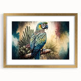 Framed wall art featuring a vibrant design of colorful parrots in a lush tropical setting, accented with a gold frame and mat, ideal for enhancing home decor.