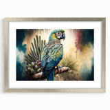 Framed wall art collection showcasing vibrant parrots in a colorful design, featuring a sleek silver frame and matting, perfect for enhancing any living space.