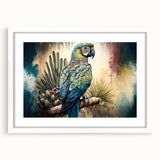 Framed wall art featuring a vibrant parrot design in a white mat, showcasing colorful birds against a clean background, ideal for adding a tropical touch to home decor.