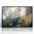 Framed wall art featuring a vibrant parrot design with a black frame, perfect for adding a tropical touch to home decor. This acrylic artwork showcases colorful birds, ideal for bird lovers and nature enthusiasts.