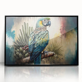 Framed wall art featuring a vibrant parrot design with a black frame, perfect for adding a tropical touch to home decor. This acrylic artwork showcases colorful birds, ideal for bird lovers and nature enthusiasts.