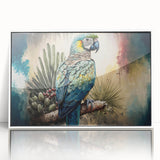 Framed wall art collection featuring vibrant parrots and colorful bird designs in acrylic, displayed in a sleek white frame, perfect for home decor.