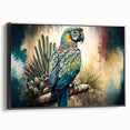 Framed wall art featuring a vibrant design of colorful parrots on a black background, showcasing intricate details and bold colors, ideal for bird lovers' decor.