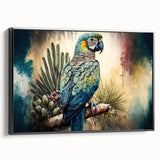 Framed wall art featuring a vibrant design of colorful parrots on a black background, showcasing intricate details and bold colors, ideal for bird lovers' decor.