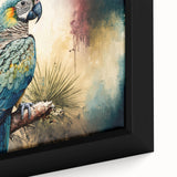 Close-up of a framed canvas wall art featuring vibrant parrots in a tropical setting, showcasing detailed colors and textures, perfect for bird lovers and home decor enthusiasts.