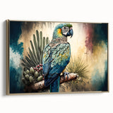 Framed wall art collection showcasing vibrant parrot designs on a canvas, highlighted by a luxurious gold frame, perfect for enhancing modern decor.