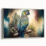 Framed canvas wall art showcasing a vibrant collection of colorful parrots perched amidst tropical foliage, featuring a sleek silver frame that enhances its modern appeal.
