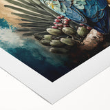 Vibrant rolled canvas wall art featuring an intricate design of colorful parrots perched among lush tropical foliage, showcasing vivid greens, yellows, and blues, perfect for nature lovers' decor.