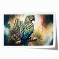 Colorful wall art print showcasing a vibrant design of various parrots perched amidst lush foliage, ideal for adding a tropical touch to home decor. Perfect for bird lovers, this artwork enhances any living space with its lively colors and intricate details, making it a striking focal point in any room.