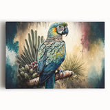 Vibrant wall art featuring a collection of colorful parrots on a stretched canvas, showcasing intricate details and a lively tropical theme, perfect for home decor.