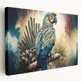 Vibrant wall art canvas showcasing a stunning design of colorful parrots perched among lush tropical foliage, perfect for enhancing any living space with a touch of nature.