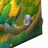 Close-up of a vibrant wall art piece showcasing a colorful parrot design on acrylic glass, ideal for modern home decor, highlighting intricate feather details and vivid hues. Perfect for bird lovers and art enthusiasts.