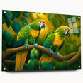 Colorful wall art collection featuring a side view of acrylic glass displaying vibrant parrot designs, elegantly pinned for display. Ideal for bird lovers and tropical decor.