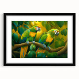 Framed wall art featuring a vibrant parrot design in a black frame with a white mat, ideal for adding a tropical touch to home decor. Perfect for bird lovers and nature enthusiasts, this artwork enhances any living space.