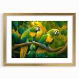 Framed wall art collection featuring vibrant parrot designs in gold accents, beautifully matted for an elegant display, perfect for home decor enthusiasts.