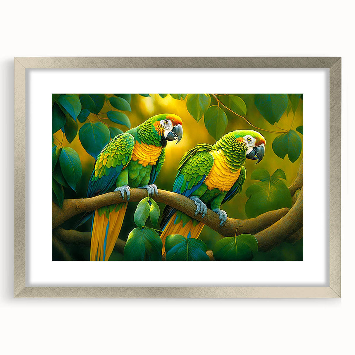 Framed wall art collection showcasing vibrant parrot designs, featuring a silver frame with a mat, perfect for adding a tropical touch to any decor.
