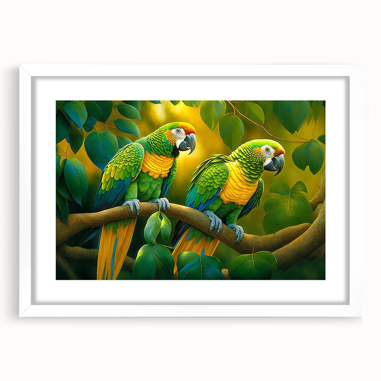 Brightly colored wall art featuring a collection of parrot designs in a modern white frame with a mat, perfect for adding a vibrant touch to any living space.
