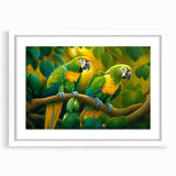 Brightly colored wall art featuring a collection of parrot designs in a modern white frame with a mat, perfect for adding a vibrant touch to any living space.