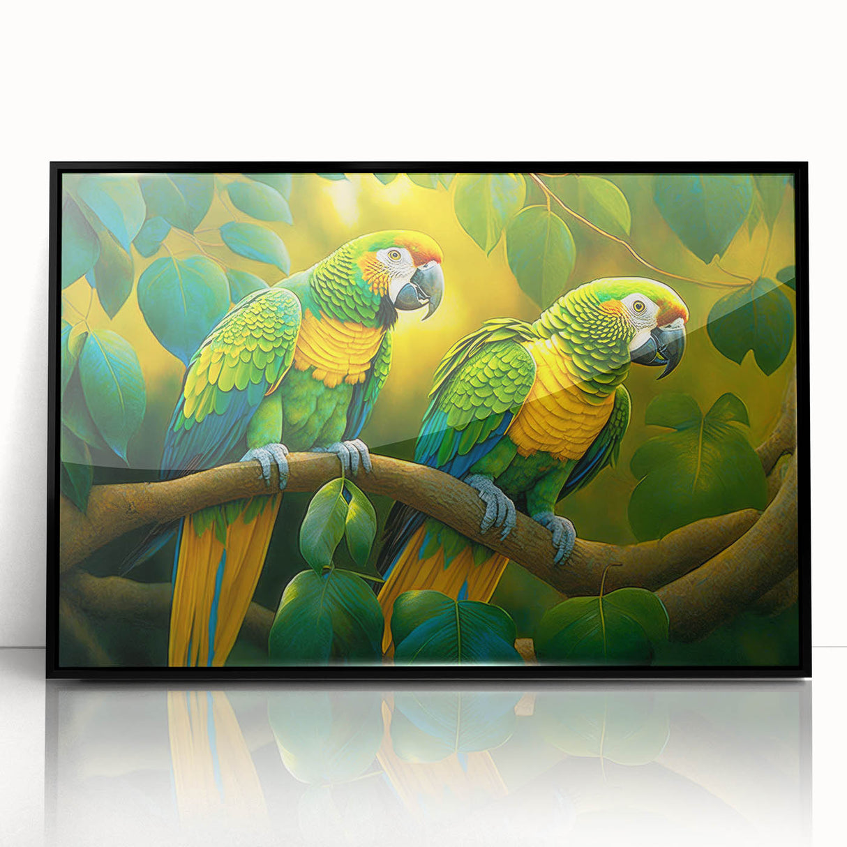Framed wall art featuring a vibrant design of colorful parrots set against a sleek black background, ideal for enhancing modern home decor with a touch of nature.
